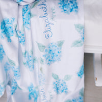 Personalized Baby Blanket – Blue Floral Stretchy Swaddle With Satin Trim and Hydrangeas