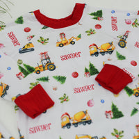 Construction Christmas Pajamas personalized with a child's name.