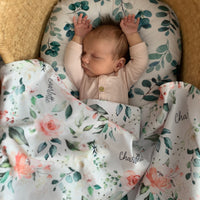 Personalized Baby Blanket – Vintage Pink Roses Floral Receiving Blanket with Satin Trim