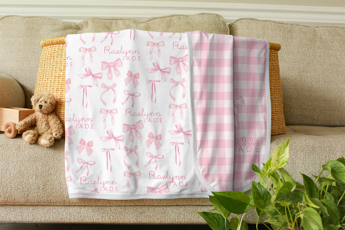 Personalized Baby Swaddle | Pink Coquette Bows Soft Stretchy Blanket Gift
