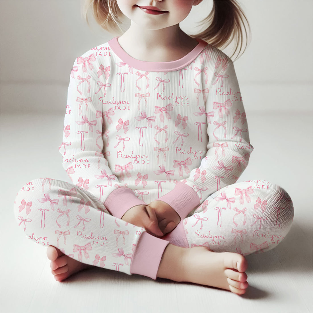 Personalized Pink Pajamas - Girls Custom Sleepwear with Coquette Bows Print