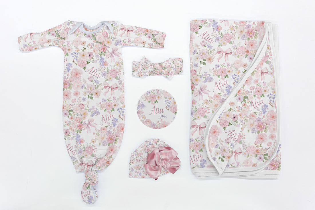 Pretty In Pink Baby Set – Personalized Baby Gift With Pink Floral Swaddle & Soft Cotton Gown