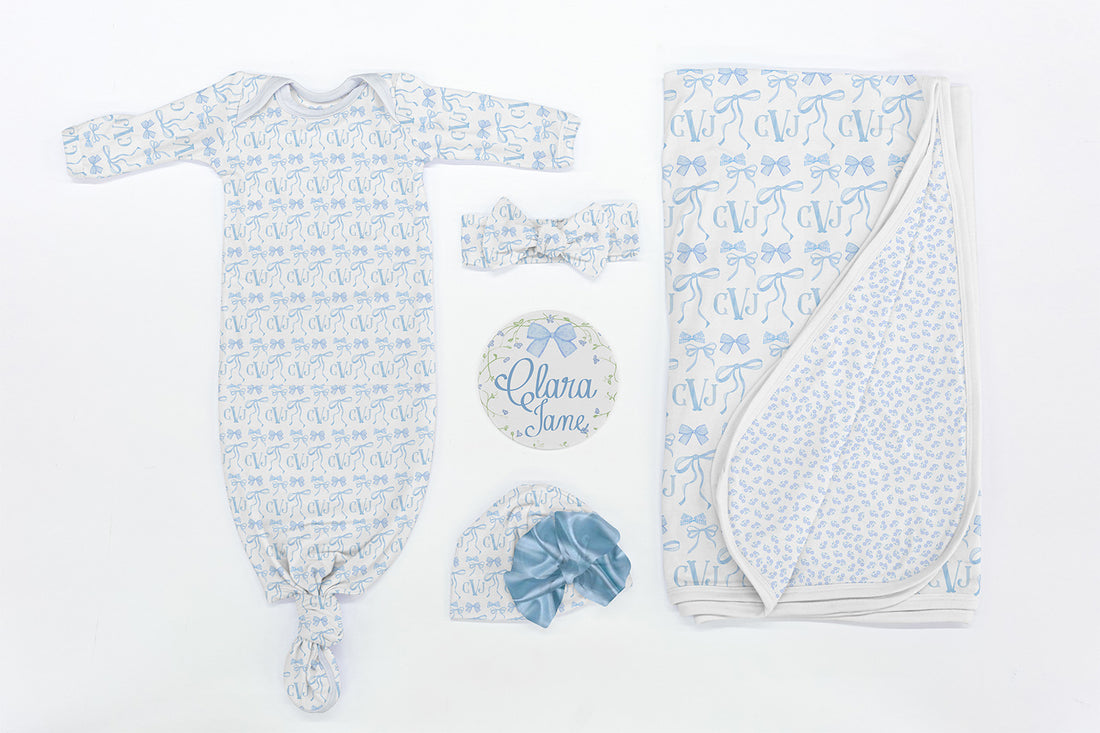 Blue Bows Gift Set – Monogrammed Baby Girl Take Me Home Essentials