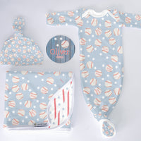 Personalized Baby Baseball Set – Newborn Baseball Outfit with Tie Bottom Gown & Swaddle Blanket