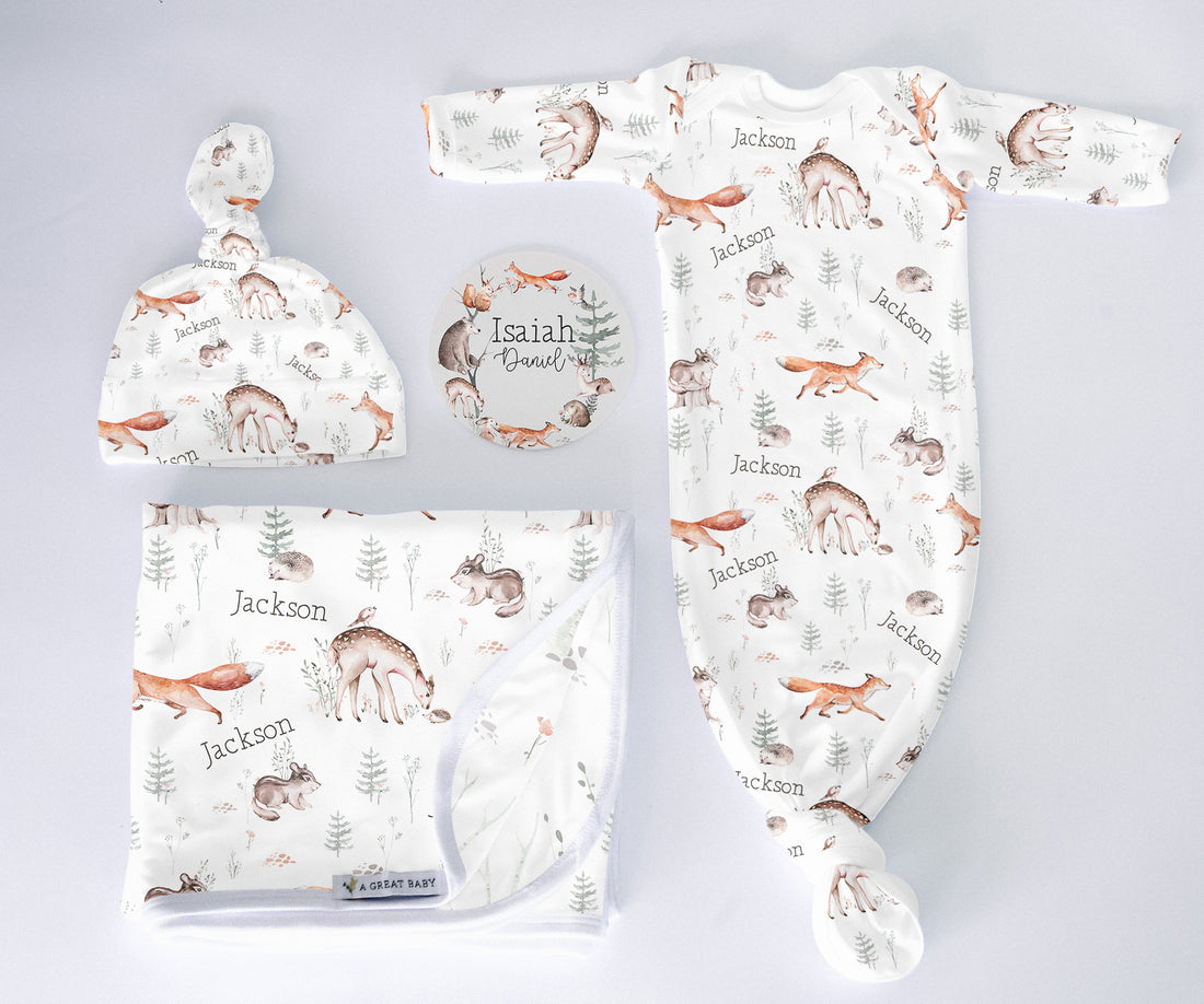 Woodland Baby Gift Set – James Forest Take Me Home Outfit with Swaddle, Gown & Hat