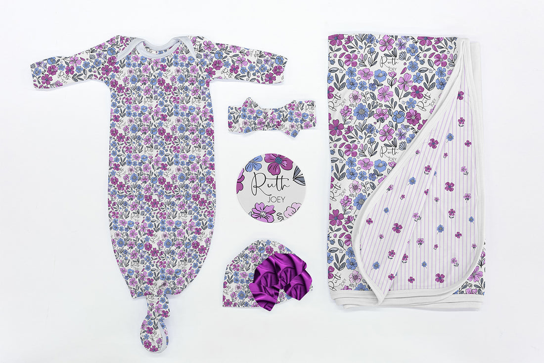 Baby Girl Gift Set – Personalized Floral Baby Outfit with Cozy Gown & Swaddle