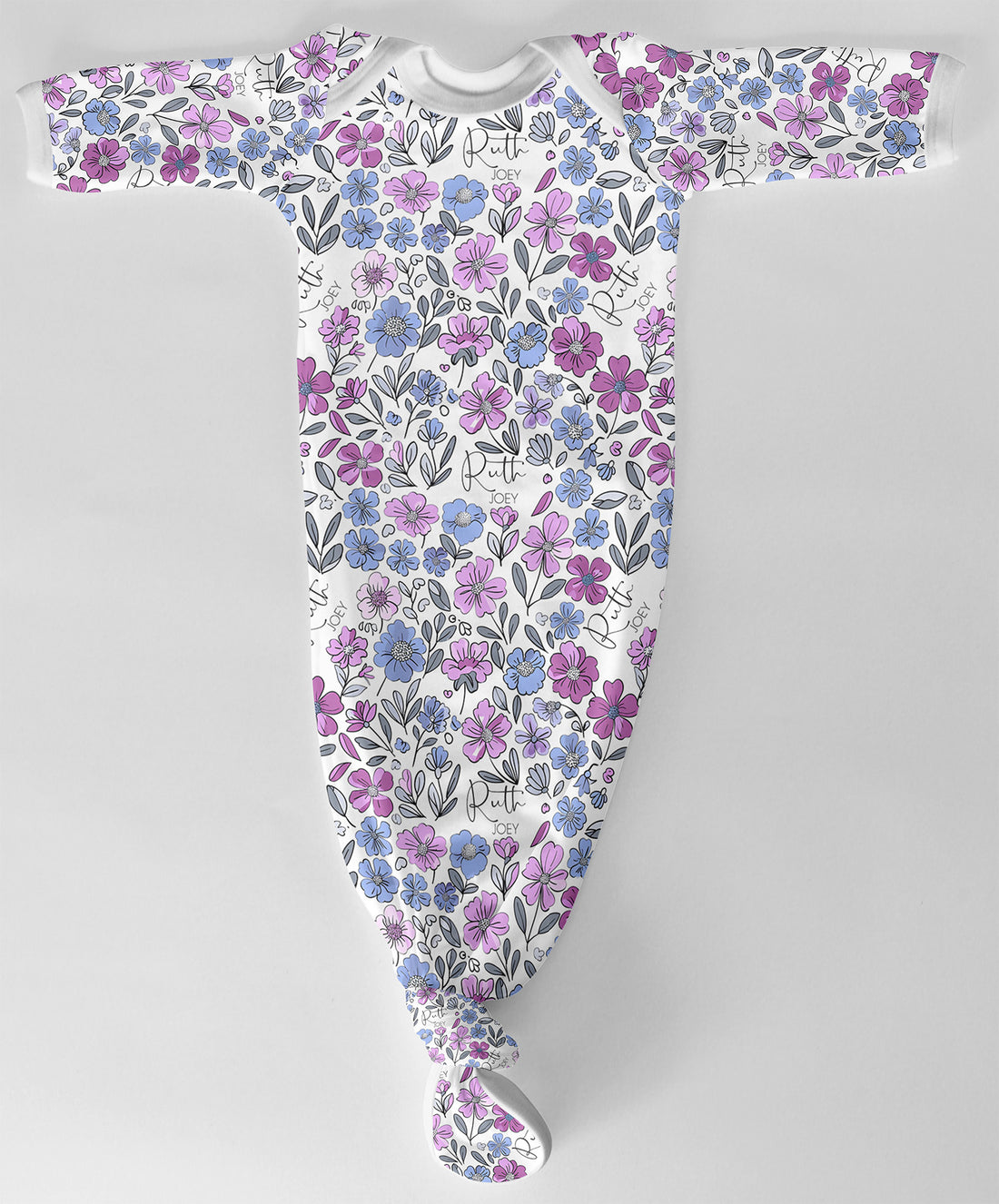 Personalized Baby Gown - Violet Fields Floral Purple Print Tied Bottom Outfit
