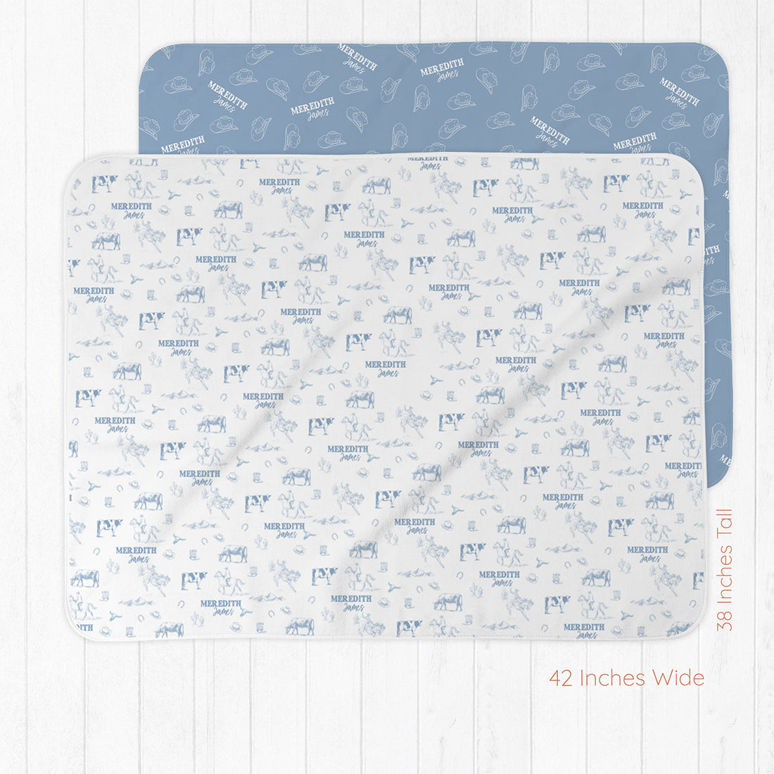 Western Toile Baby Set – Blue Cowboy Print Newborn Swaddle Blanket & Cozy Gown