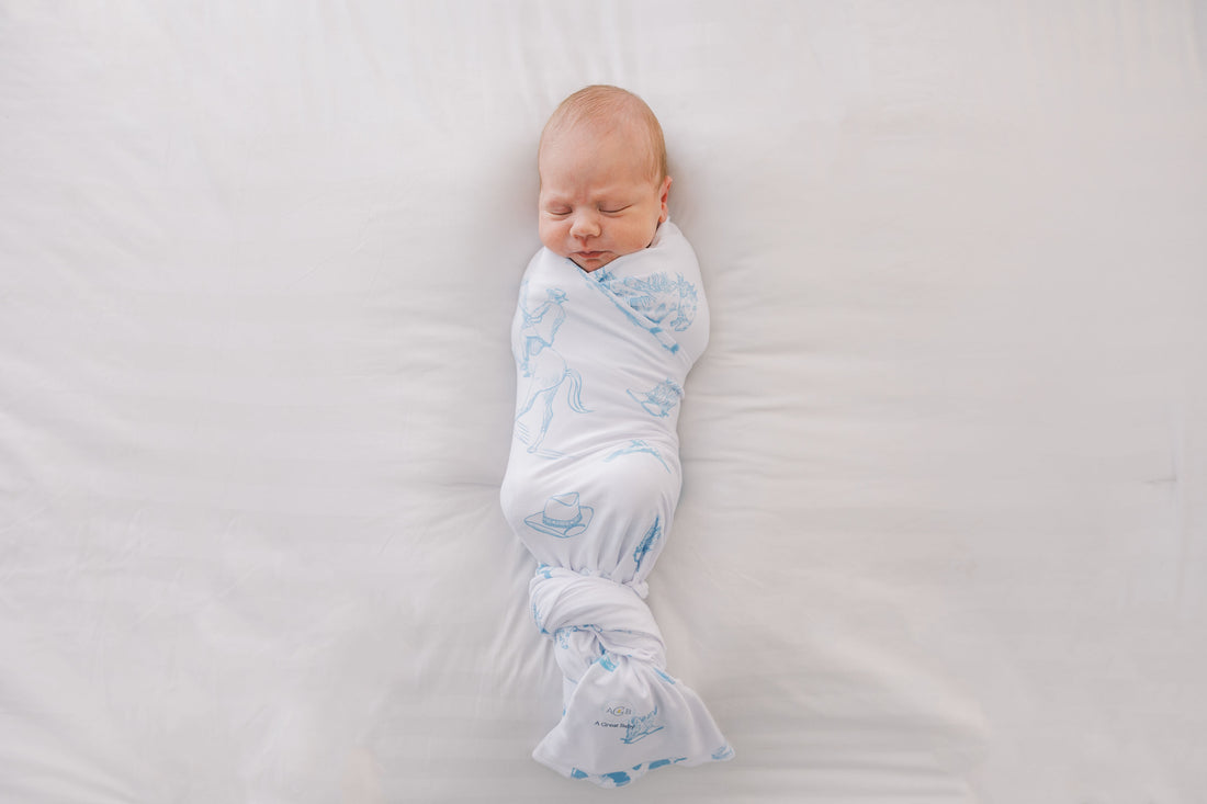 Western Toile Baby Set – Blue Cowboy Print Newborn Swaddle Blanket & Cozy Gown