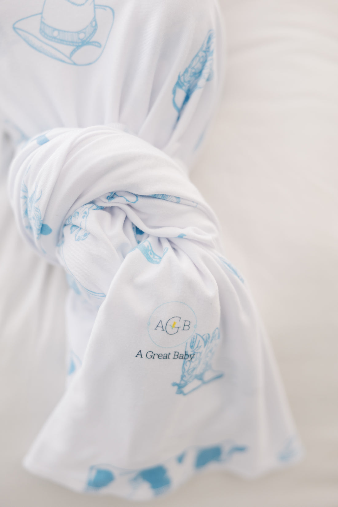 Western Toile Baby Set – Blue Cowboy Print Newborn Swaddle Blanket & Cozy Gown