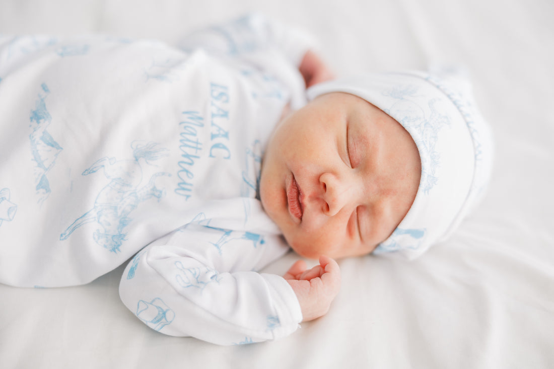 Western Toile Baby Set – Blue Cowboy Print Newborn Swaddle Blanket & Cozy Gown