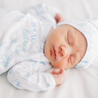 Western Toile Baby Set – Blue Cowboy Print Newborn Swaddle Blanket & Cozy Gown