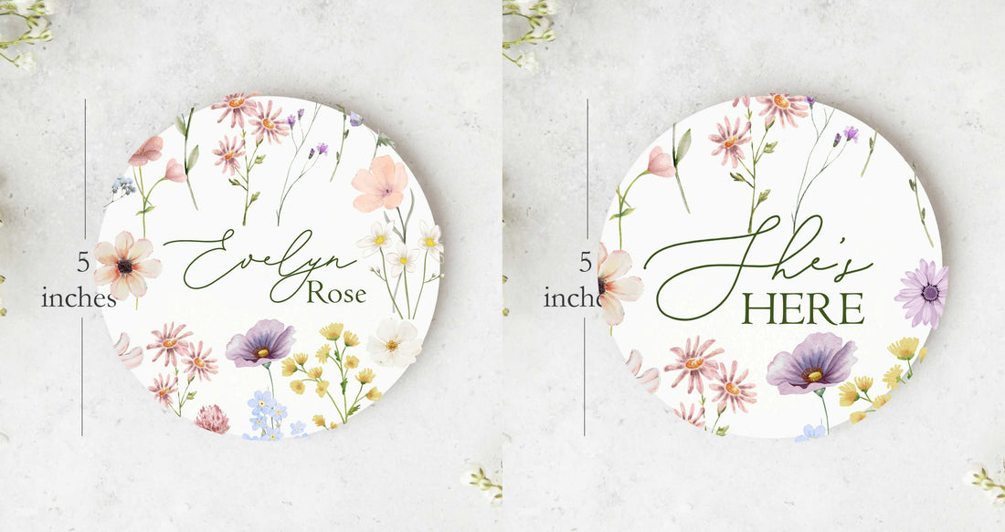 She's Here an Name on a beautiful wildflower baby girl disk for announcing birth.