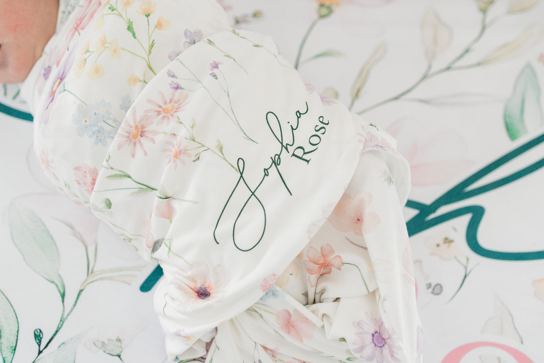Wildflowers print baby blanket with coordinating newborn gown and accessories