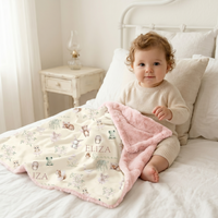 Personalized Woodland Fairy Baby Deluxe blanket with pink fur backing featuring woodland animals, fairies, and a baby girl's name, displayed with a toddler in a nursery setting.