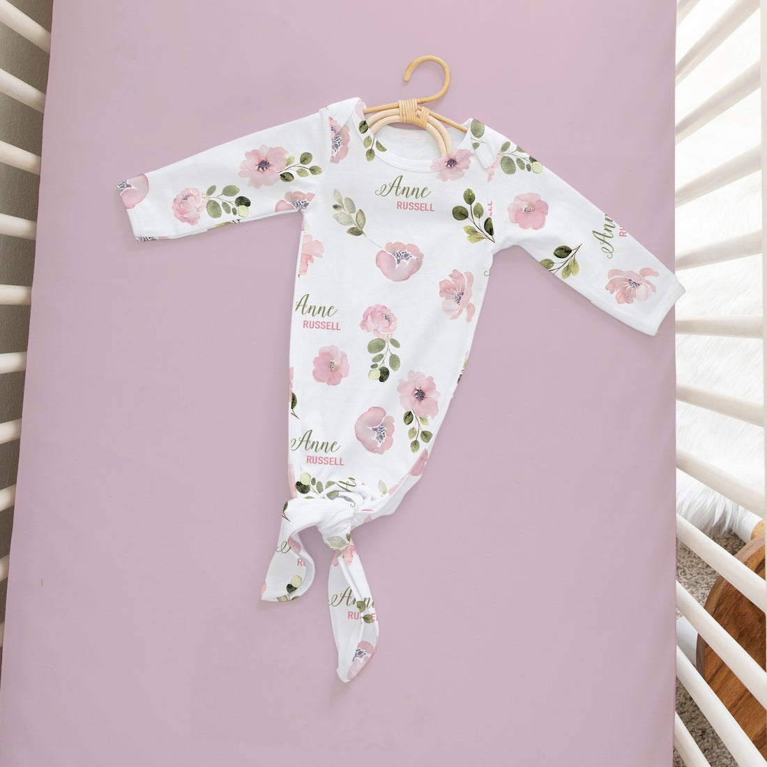 Abigail Floral Pink Floral With Sage Leaves Personalized Baby Gown