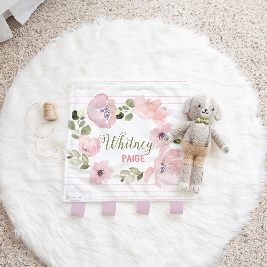 Abigail Floral Lovie with Pink Fur & Minky Fabric - Soft Square Baby Comforter with Ribbon Taggies