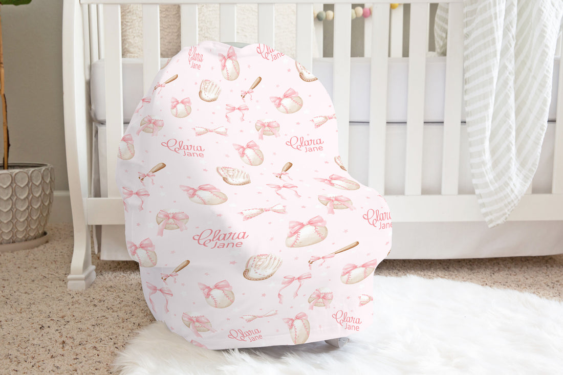 Baseball Car Seat Cover – Personalized Pink Baby Seat Protector with Bows