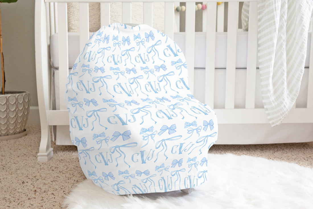 Blue Bows Car Seat Cover – Soft Baby Girl Nursing Cover | Personalized, Breathable