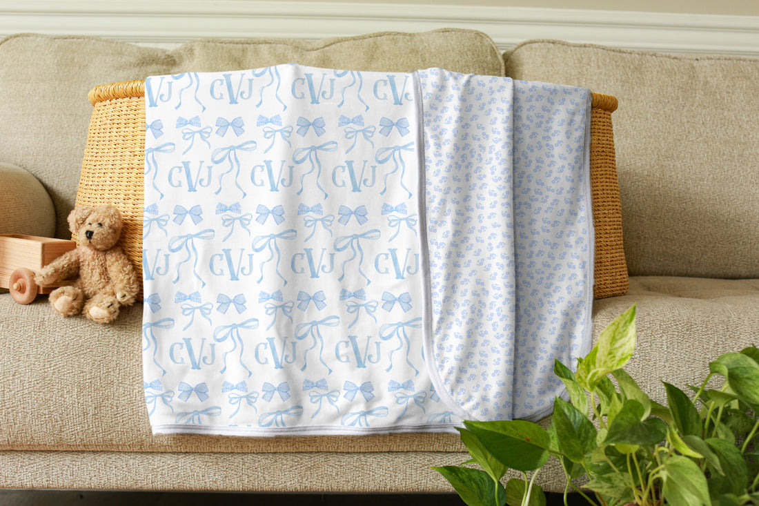 Monogram Baby Swaddle | Blue Bows Personalized Soft Newborn Blanket