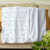 Monogram Baby Swaddle | Blue Bows Personalized Soft Newborn Blanket