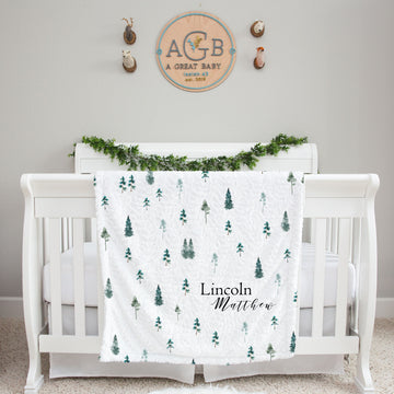 Personalized Custom Kids Blanket With Pine Trees Printed On Minky Fur