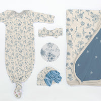 Personalized Baby Gift Set – Vintage Floral Baby Gown, Swaddle Blanket & Name Announcement Disk