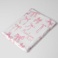 Pink Heirloom Bows Personalized Keepsake Baby Blanket, Satin Bound Baby Girl Blankie