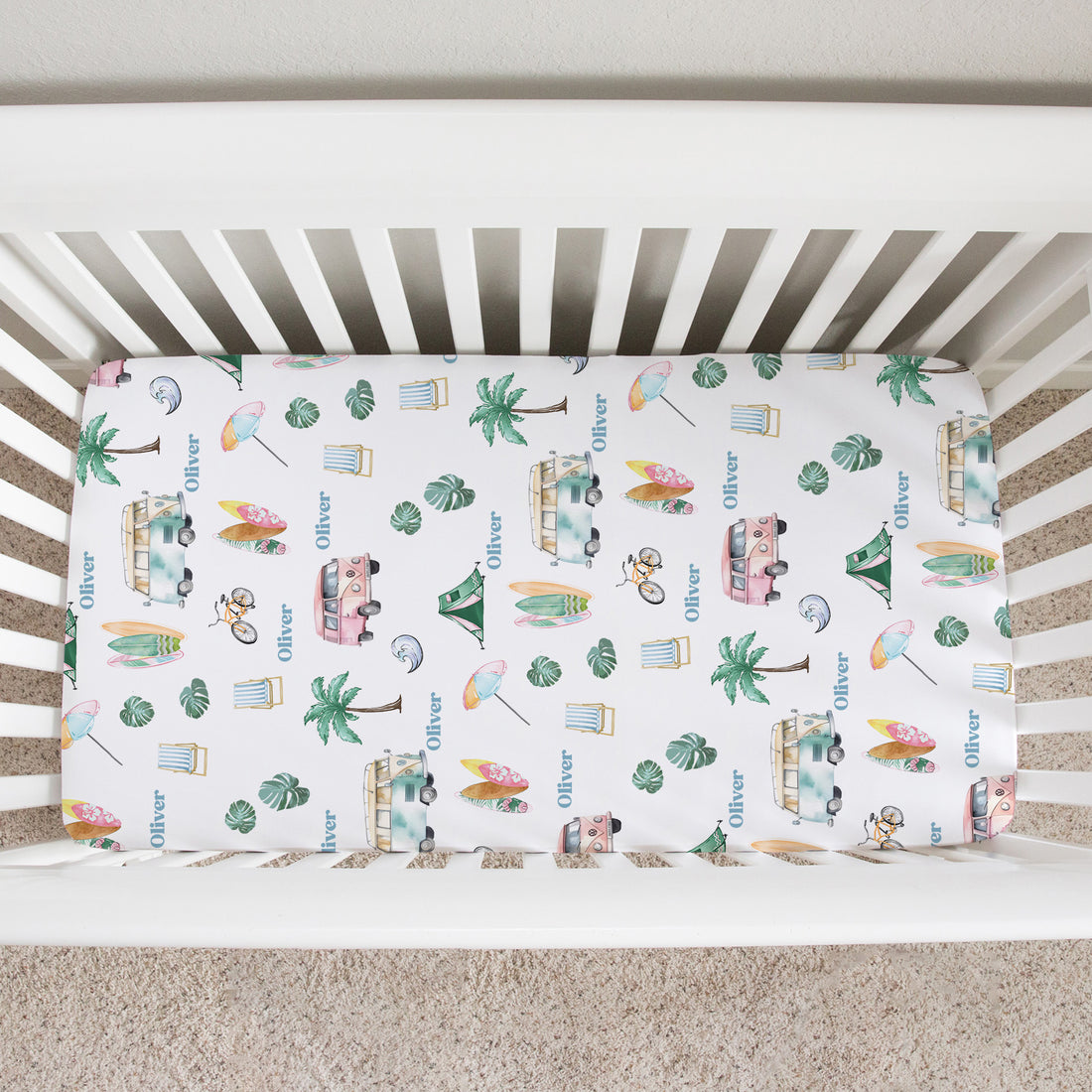 Beach Bum Boy Surfboard Personalized Custom Crib Sheet