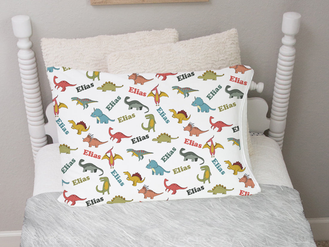 Dinosaurs Pillowcase - Personalized Kids Bedding With Soft Minky Fabric & Satin Trim