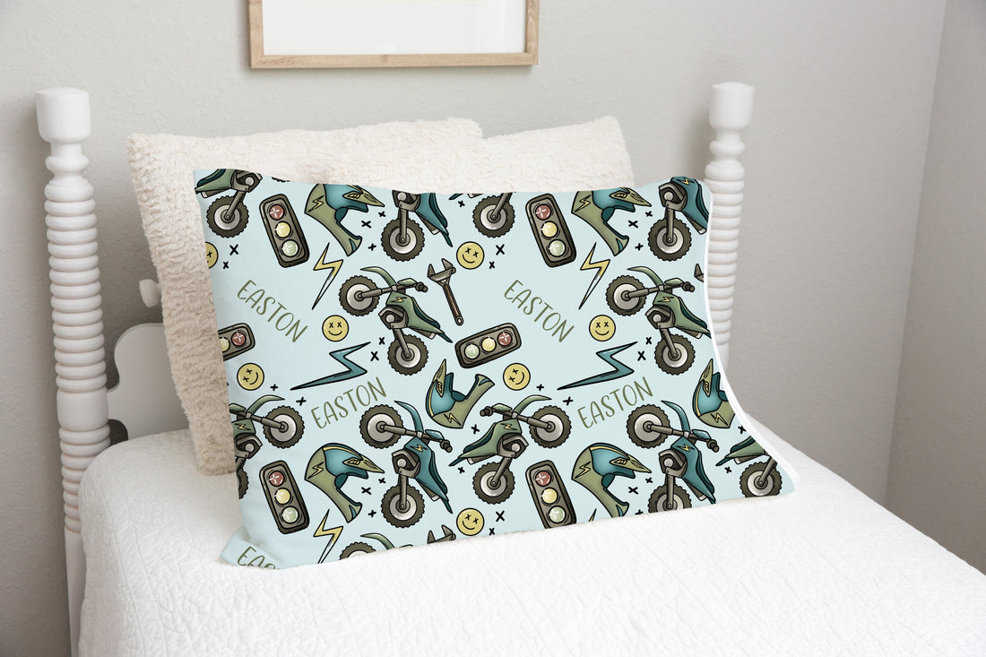 Personalized Dirt Bike Pillowcase - Soft Minky Fabric, Satin Trim, Cozy Kids Bedding