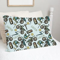 Personalized Dirt Bike Pillowcase - Soft Minky Fabric, Satin Trim, Cozy Kids Bedding