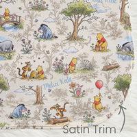 The image is a repeating pattern of illustrations from the Winnie the Pooh series, including Eeyore, Tigger, Tigger's friends, and other beloved characters. The pattern features various scenes and elements from the story, such as the characters, animals, and natural surroundings. The text "Melia Kate" is visible, likely indicating the artist or designer responsible for the pattern. The image is described as a "Satin Trim" and is a part of a larger collection of illustrations.