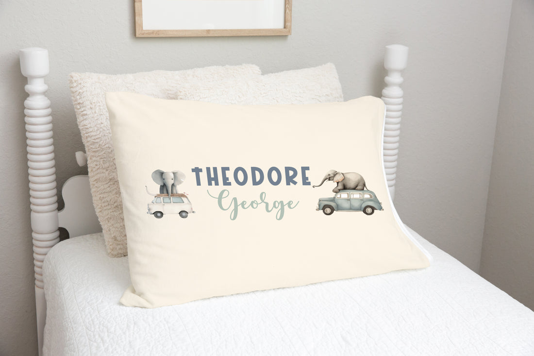 Elephants In Cars Pillowcase – Soft Minky Fabric Cozy Kids Bedding With Satin Trim