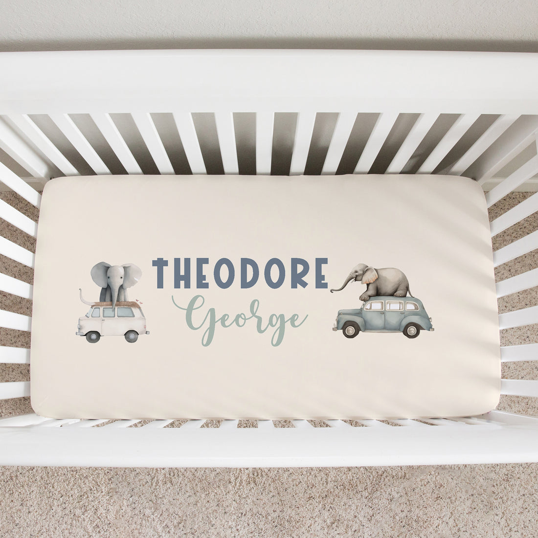 Personalized Elephant Car Crib Sheet - Custom Name, Soft Double-Brushed Knit Fabric, Cozy Baby Bedding