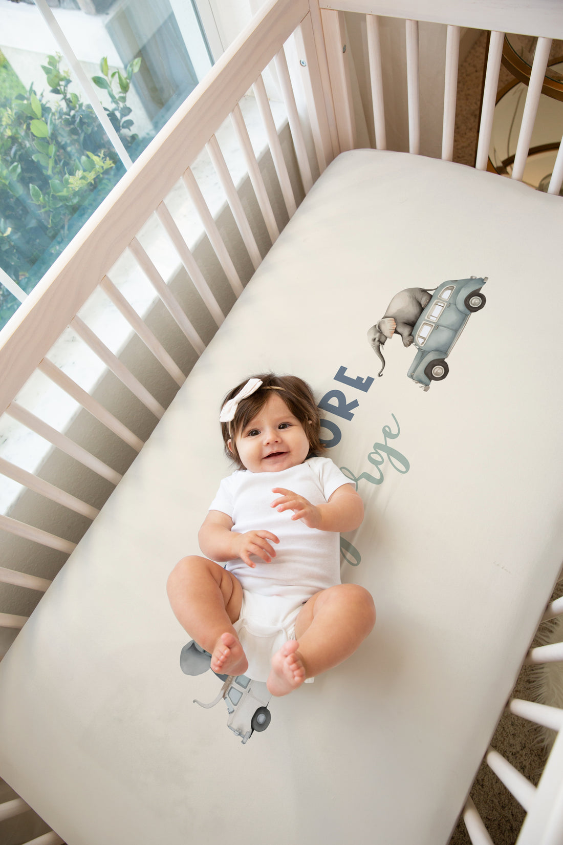 Personalized Elephant Car Crib Sheet - Custom Name, Soft Double-Brushed Knit Fabric, Cozy Baby Bedding