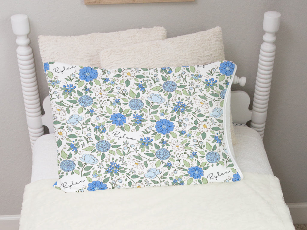Blue English Floral Personalized Pillowcase, Soft Minky Fabric, Little Girl Gift