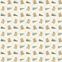 a repeating pattern of green and white teddy bears wearing hats and holding golf clubs, arranged in a grid-like pattern.