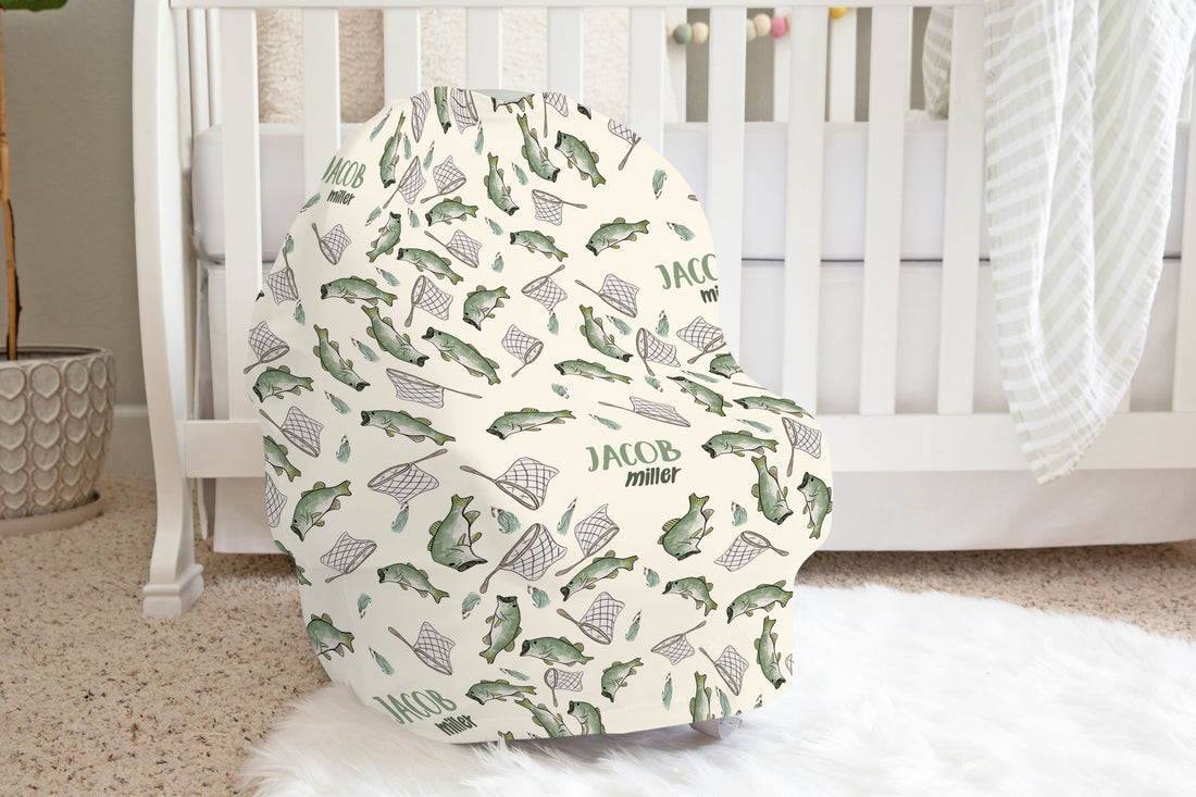 personalized stretchy car seat cover for babies in bass fisherman print