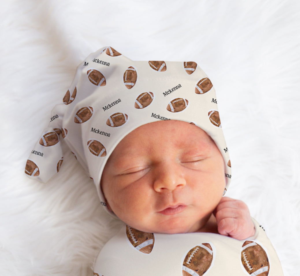 Football Newborn Set – Personalized Baby Boy Outfit with Tie Bottom Gown & Beanie