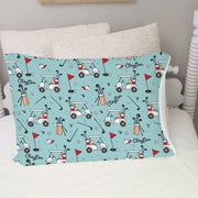 personalize minky pillowcase for kids with a teal background, gofling images such as a golf cart, flats, club bag, and kid's name in black cursive font scattered around.