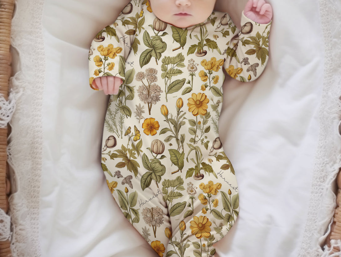 Personalized Baby Gown – Harvest Floral Autumn Baby Gown With Tie Bottom