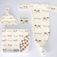 Personalized Baby Gift | Hunting Dog Baby Set with Custom Gown, Hat & Swaddle