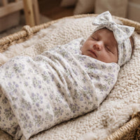 Antique Plum Floral Crib Sheet and Swaddle Set with Headband, Striped Baby Girl Nursery Bedding Gift