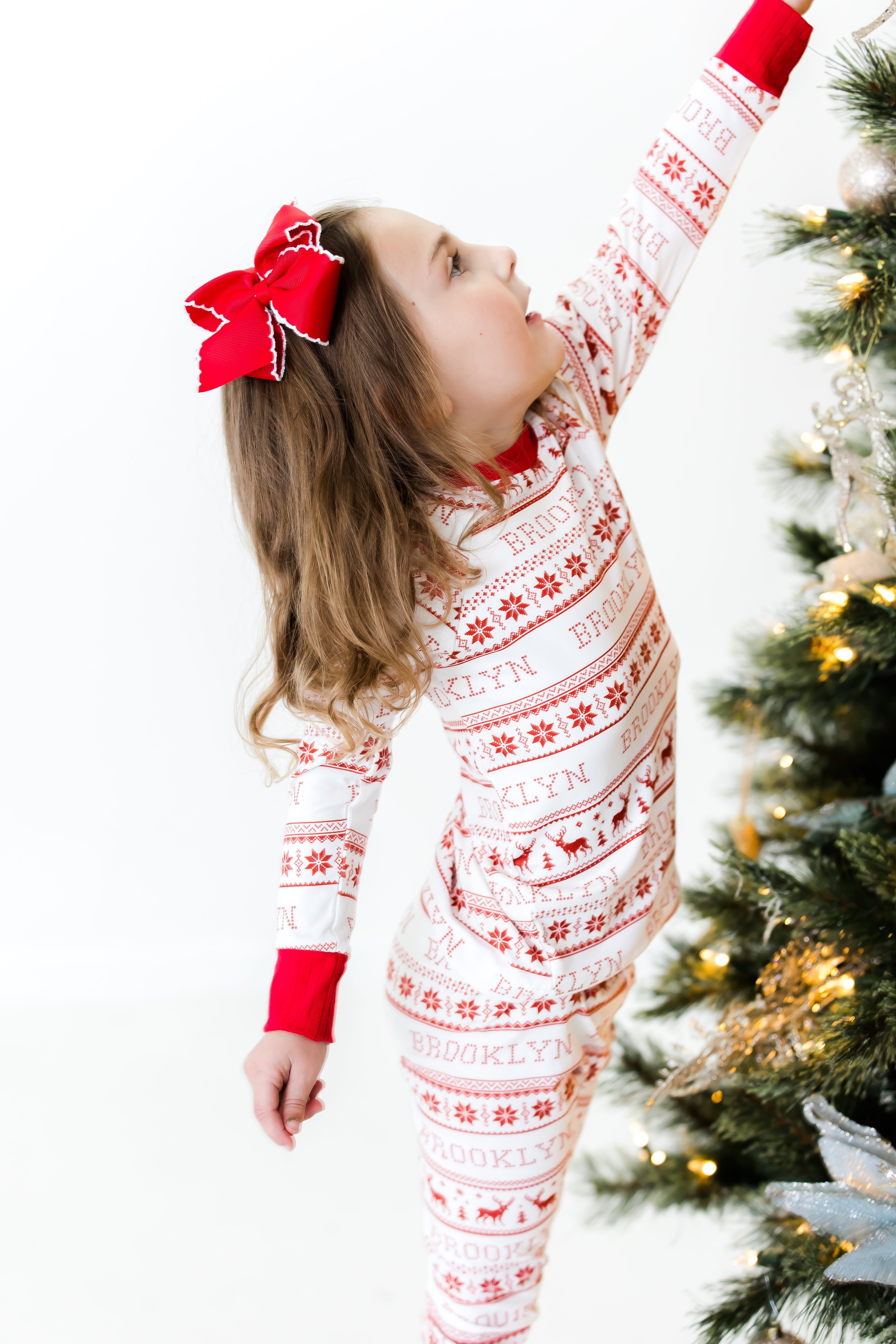 Girls Striped Christmas Pjs Smocked Santa Ruffle Lounge Set, Red