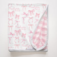 Personalized Baby Swaddle | Pink Coquette Bows Soft Stretchy Blanket Gift