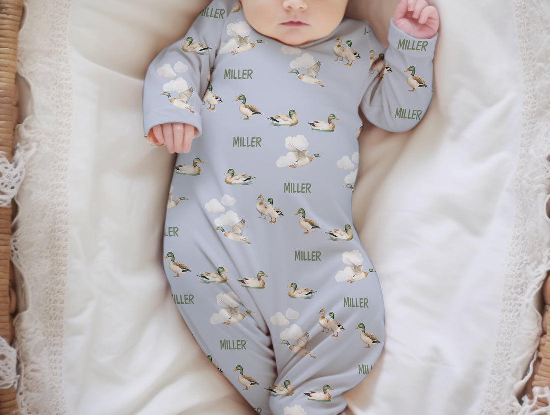 Personalized Baby Gown – Mallard Duck Outfit with Tie Bottom & Soft Knit Fabric
