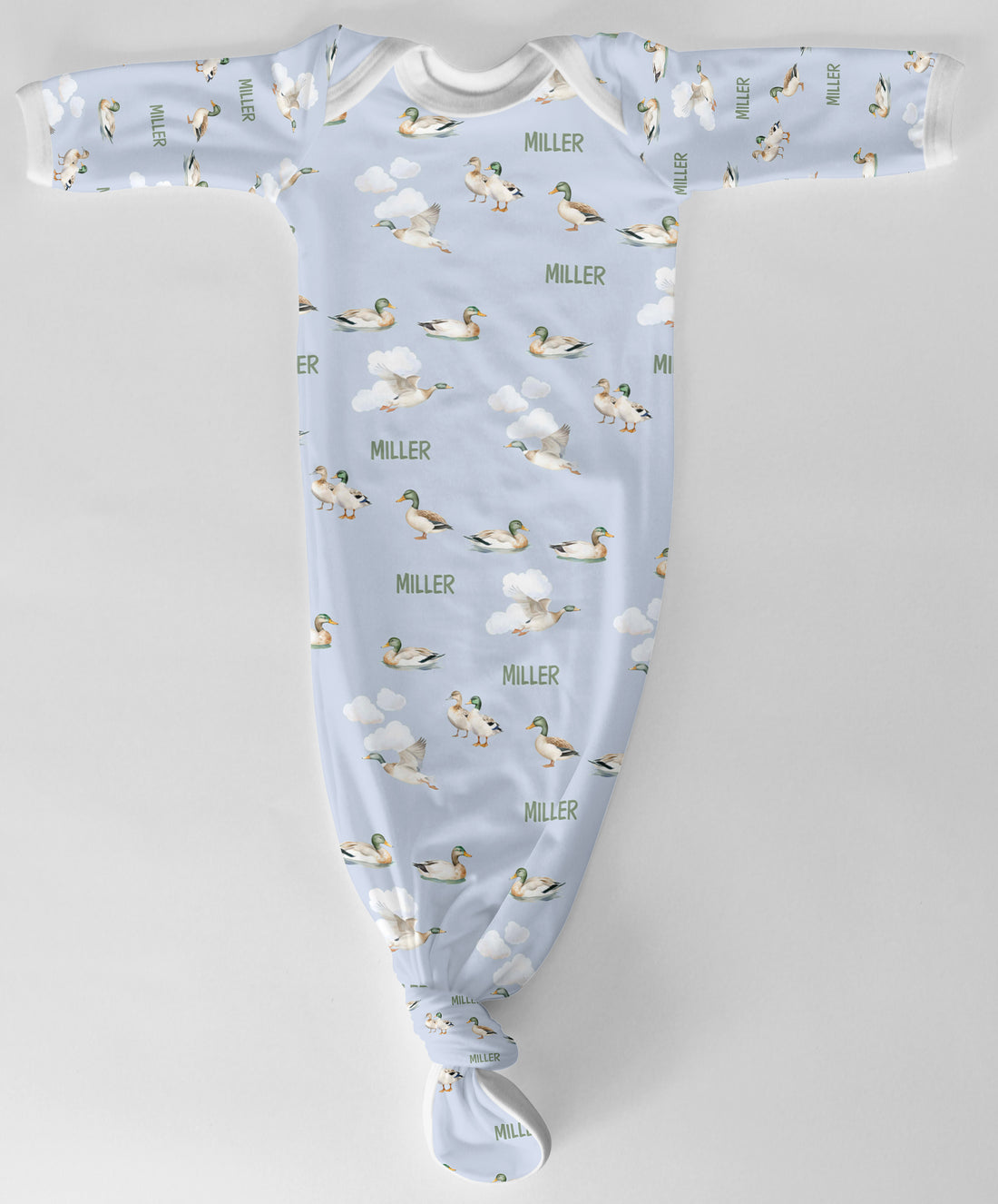 Personalized Baby Gown – Mallard Duck Outfit with Tie Bottom & Soft Knit Fabric