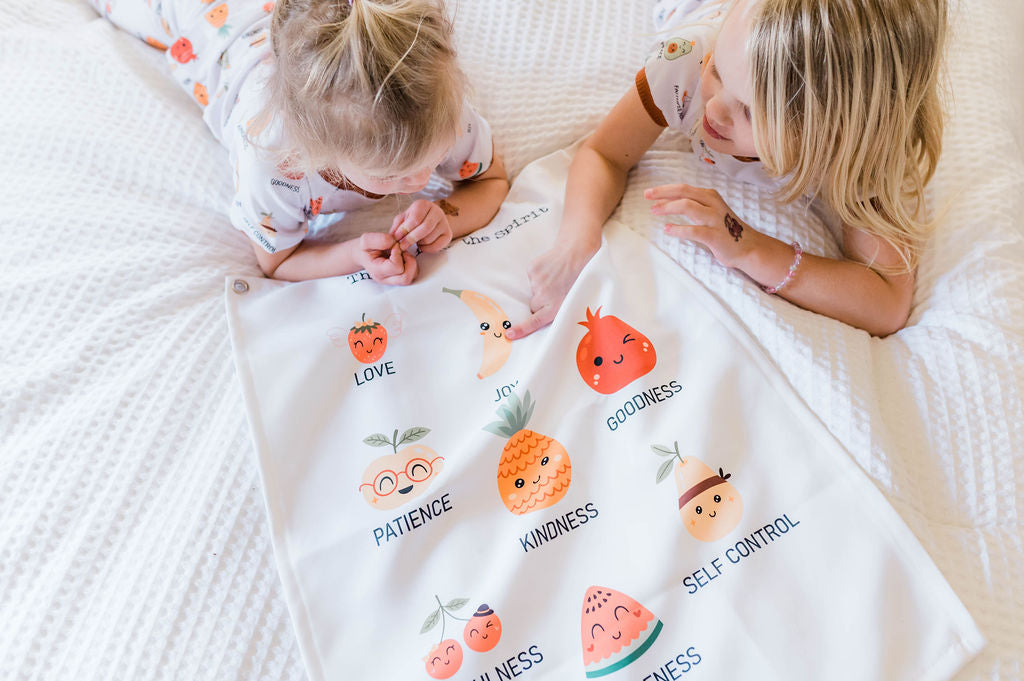 Kids banner, Fruit of the Spirit, biblical wall sign, playroom decor, spreading kindness, cartoon fruit tapestry, children's room decoration, virtues for kids, positive reinforcement, high-quality canvas print