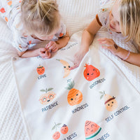Kids banner, Fruit of the Spirit, biblical wall sign, playroom decor, spreading kindness, cartoon fruit tapestry, children's room decoration, virtues for kids, positive reinforcement, high-quality canvas print